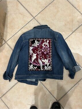 Chico's Blue Denim Jacket with Burgundy Floral Back Panel